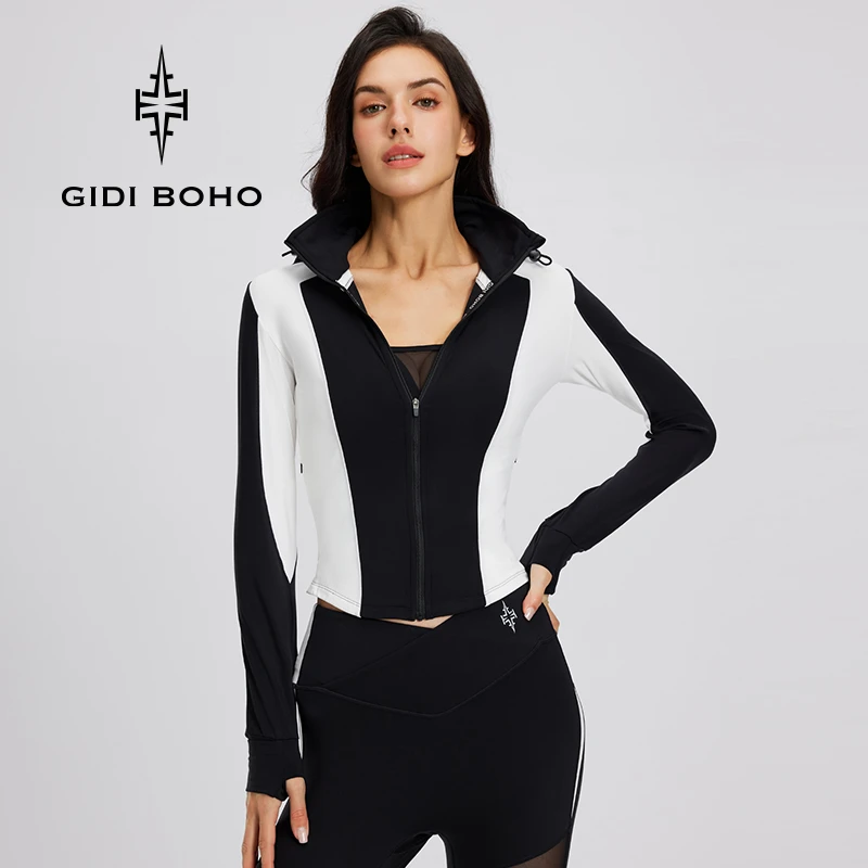 GIDI BOHO/极地薄荷黑白拼接连帽运动健身瑜伽外套显瘦修身速干女