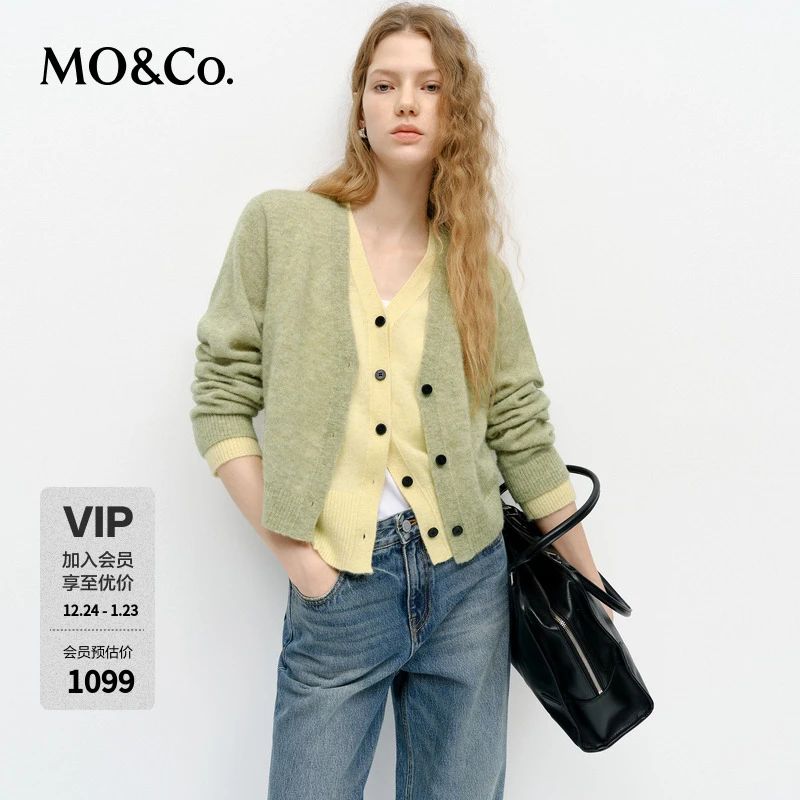 MOCO针织衫开衫2025春新品羊驼绒绵羊毛V领撞色假两件MBE1CAR004