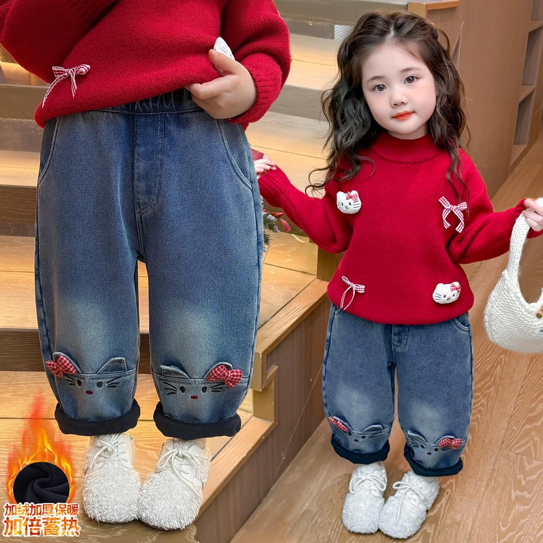 女童加绒牛仔裤2025新款冬季宝宝保暖宽松卡通加厚裤子儿童直筒裤