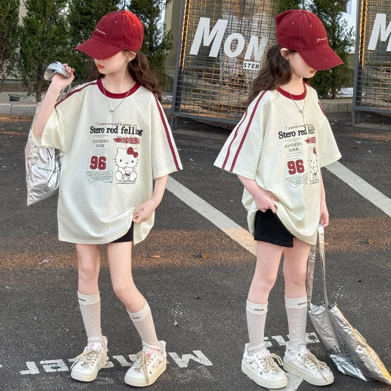 女童T恤2025新款夏装儿童洋气插肩袖女大童卡通体恤女孩网红上衣