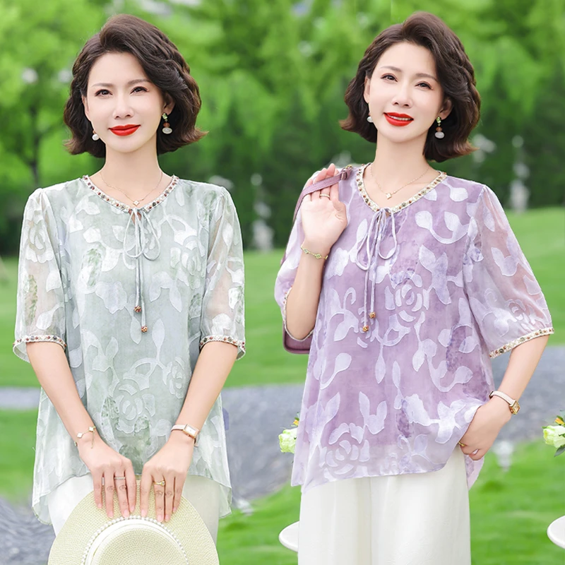 母亲节2025新款妈妈夏装短袖T恤中老年女夏季洋气上衣