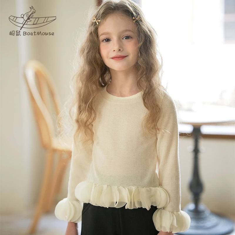 船鼠童装女童长袖t恤坑条 洋气公主网纱小女孩儿童女宝宝上衣春秋