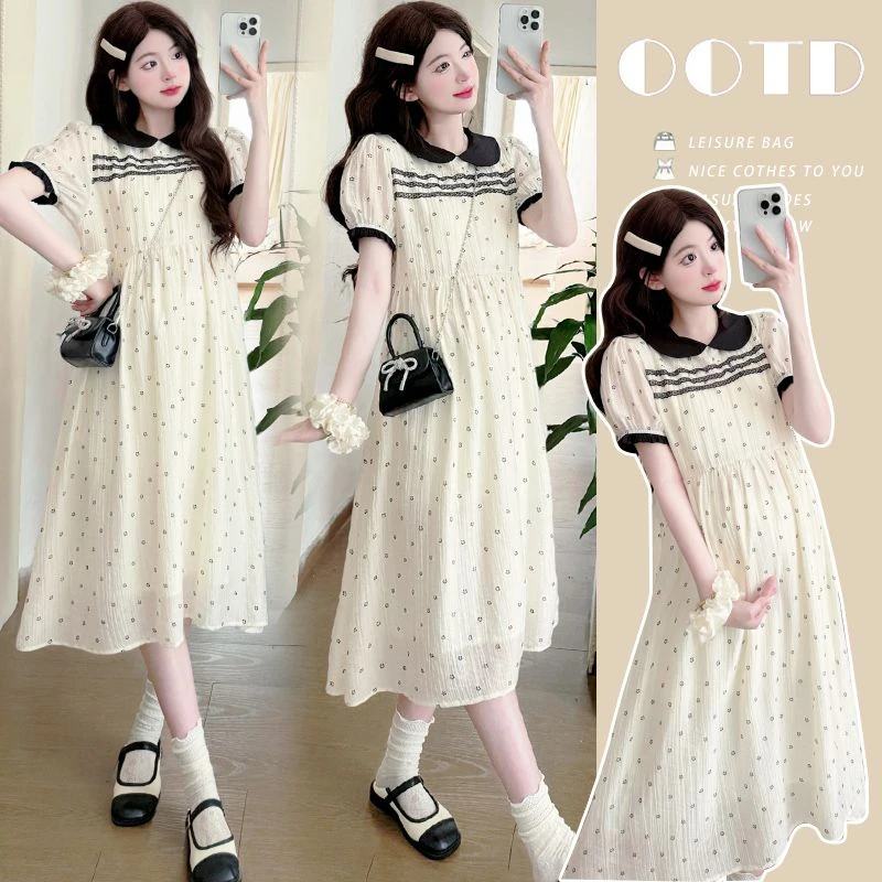 孕妇装2025奶系减龄娃娃领波点连衣裙女夏新款时尚泡泡袖甜美长裙