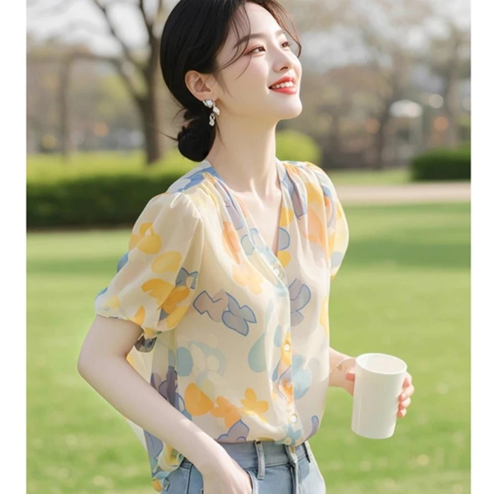 SS1670今年流行的小香风上衣轻熟法式小众超好看百搭印花短袖衬衫