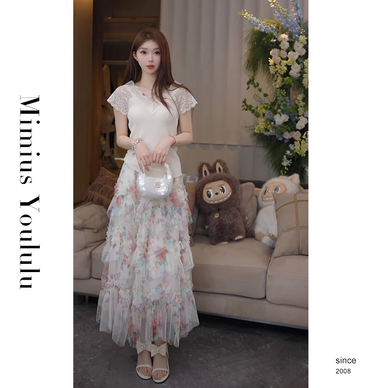 【mimius】P 甜美温柔风印花层叠荷叶边半身裙+上衣 G04076