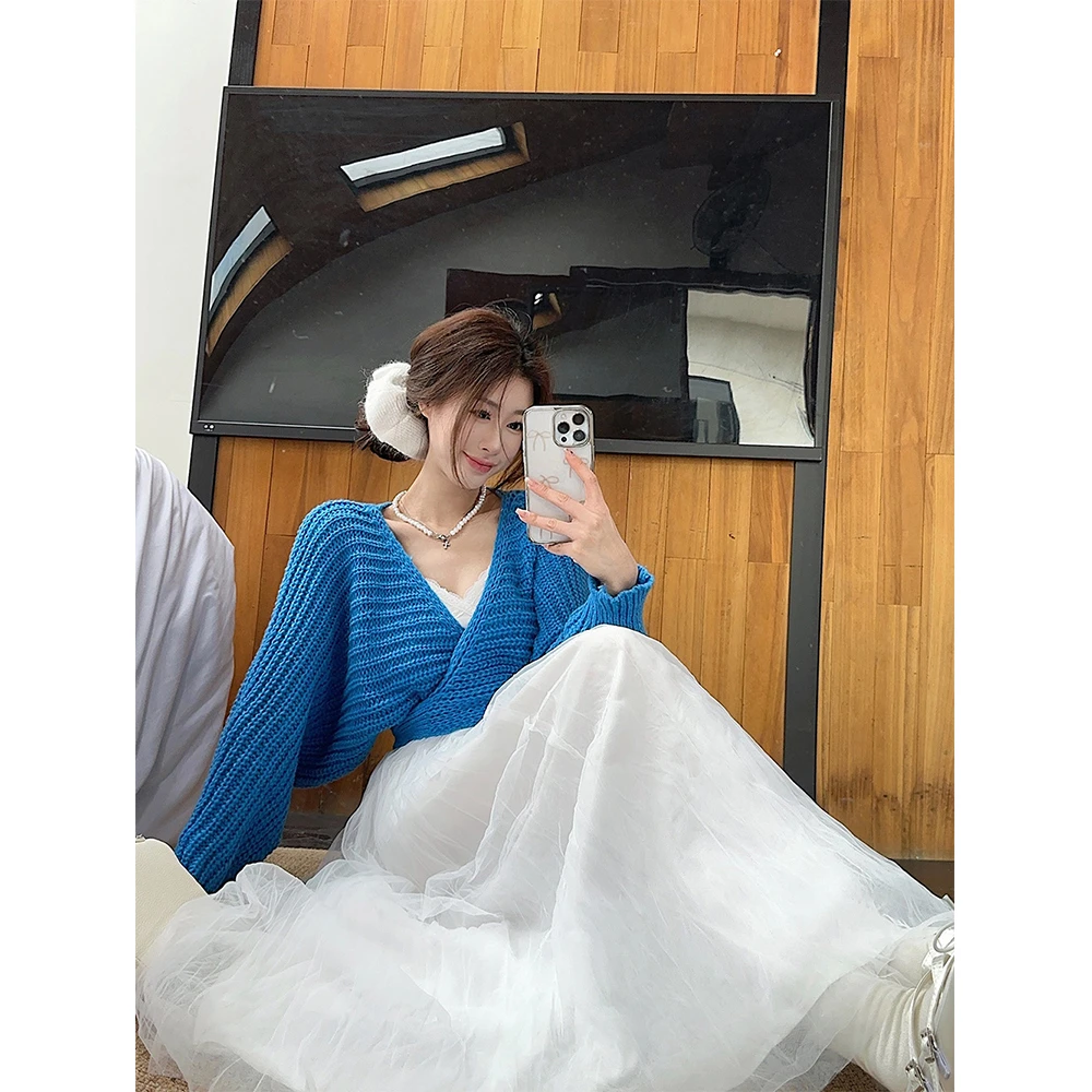 芭蕾风网纱拼接吊带连衣裙女收腰显瘦长裙针织开衫毛衣