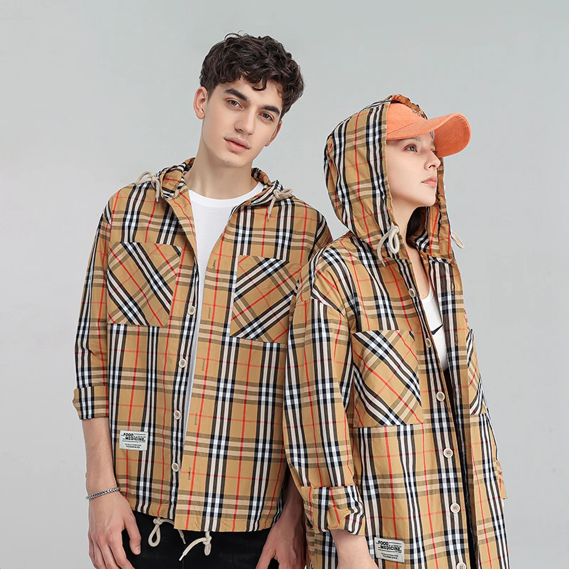 春季新款外套格子连帽不缩水百搭长袖格纹印花衬衫潮流