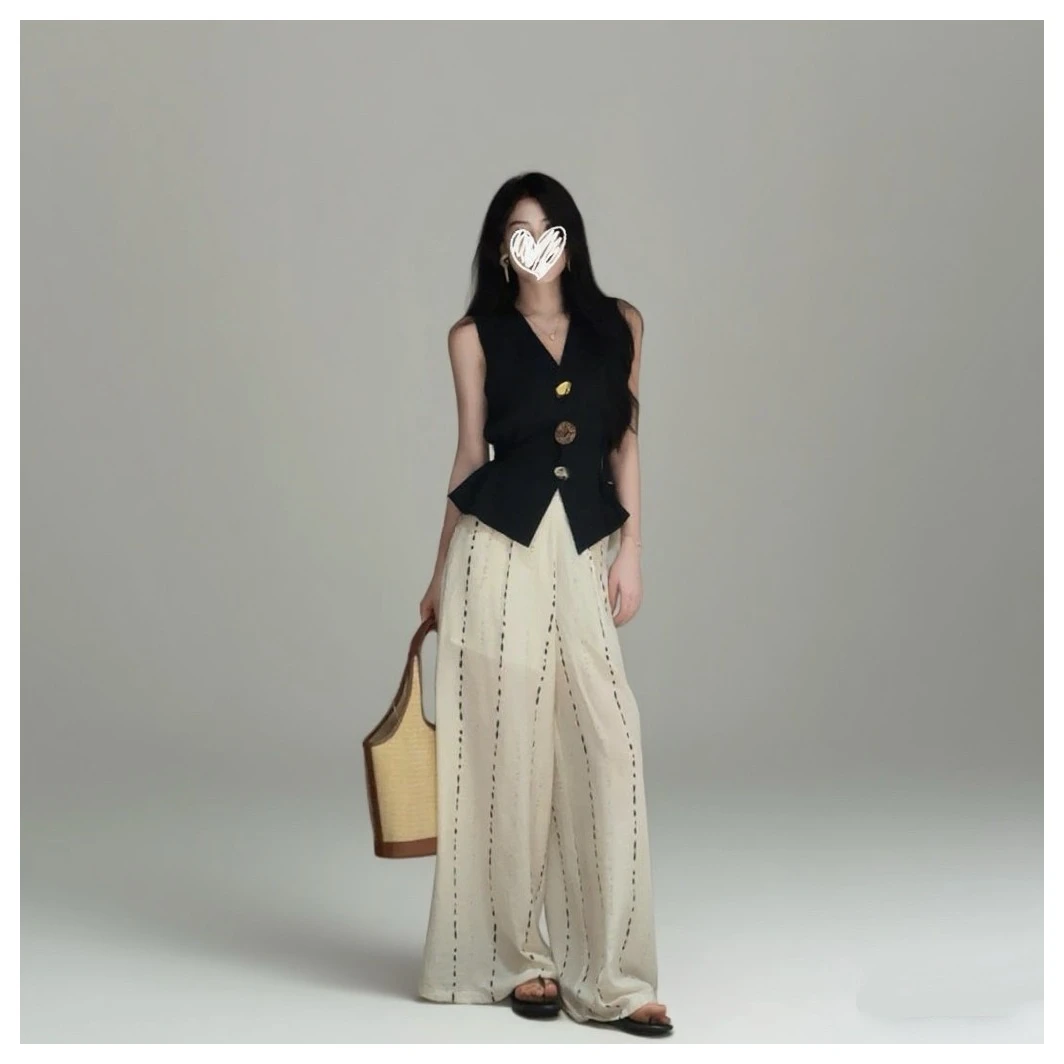 薄款外搭无袖背心马甲上衣+夏季新款女装百搭休闲裤时尚显瘦套装