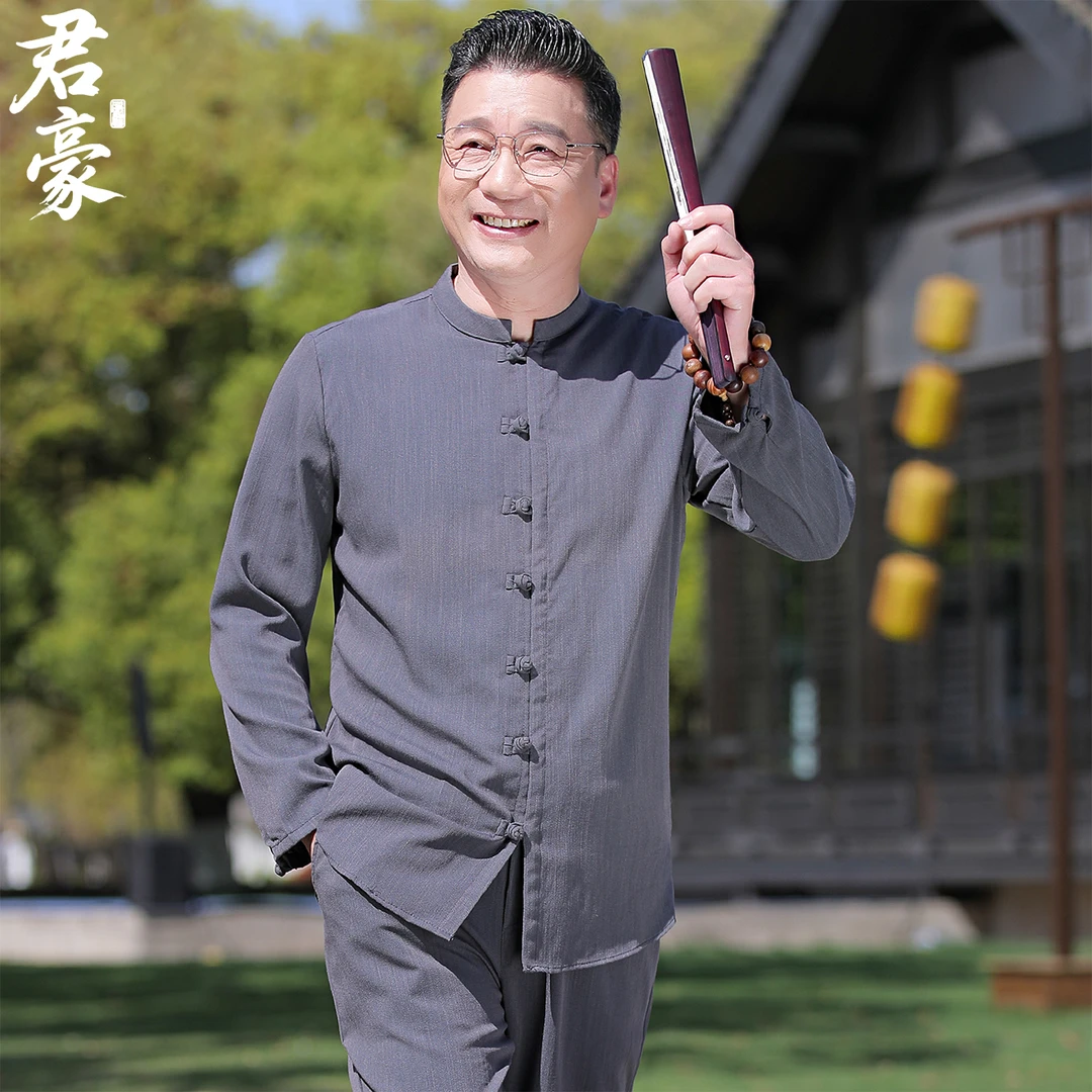 唐装男中老年爷爷夏季长袖男士中国风套装爸爸装中式衣服秋季薄款