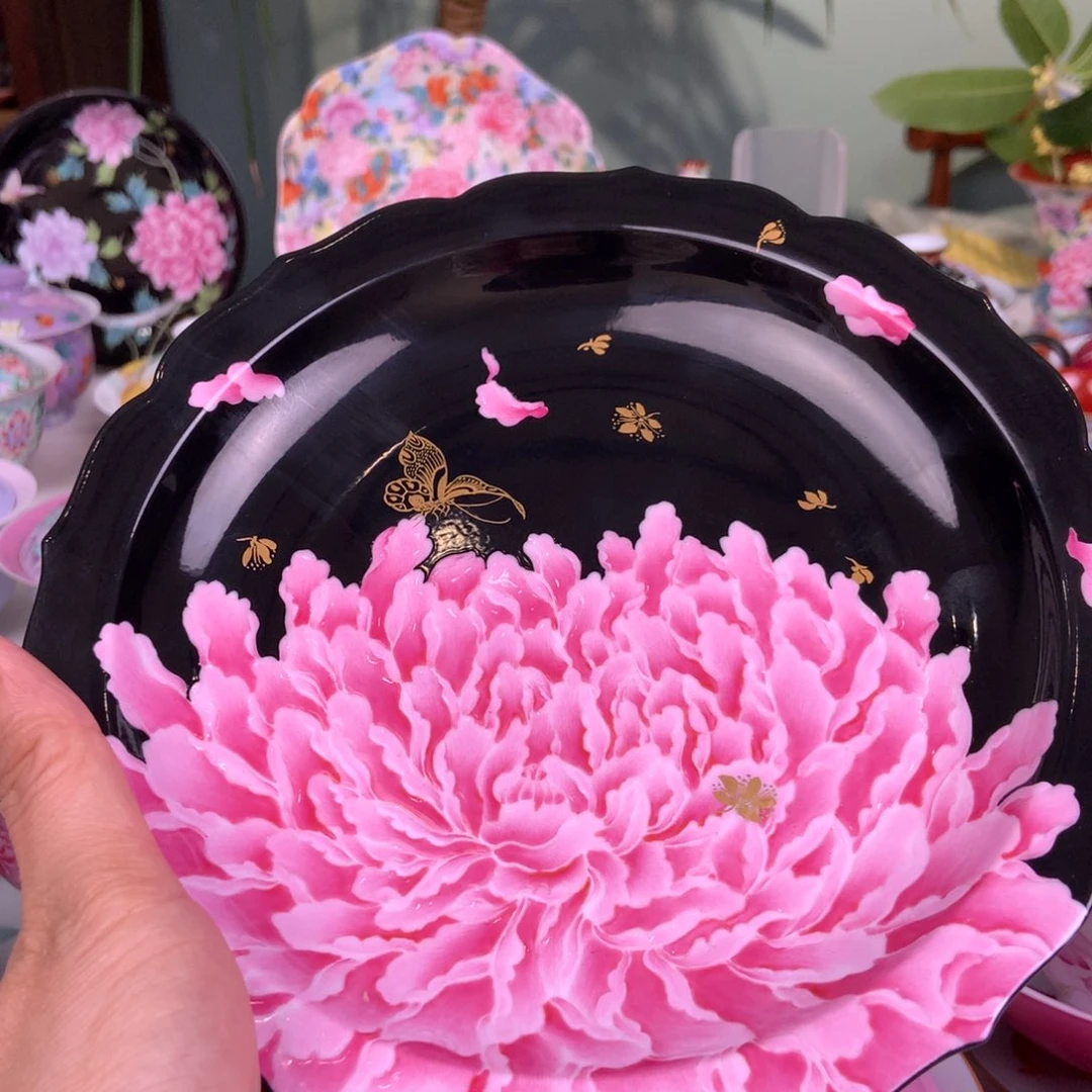 唯***美景德镇手工手绘牡丹花壶承