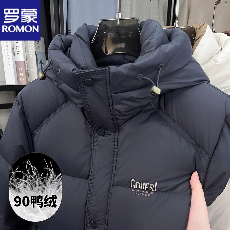 罗蒙冬季连帽羽绒服男士防寒保暖90绒时尚潮流拼色工装长款外套