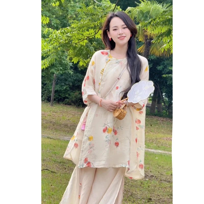 新款国风苎麻圆领全包边七分袖中国风宽松苎麻上衣100%苎麻