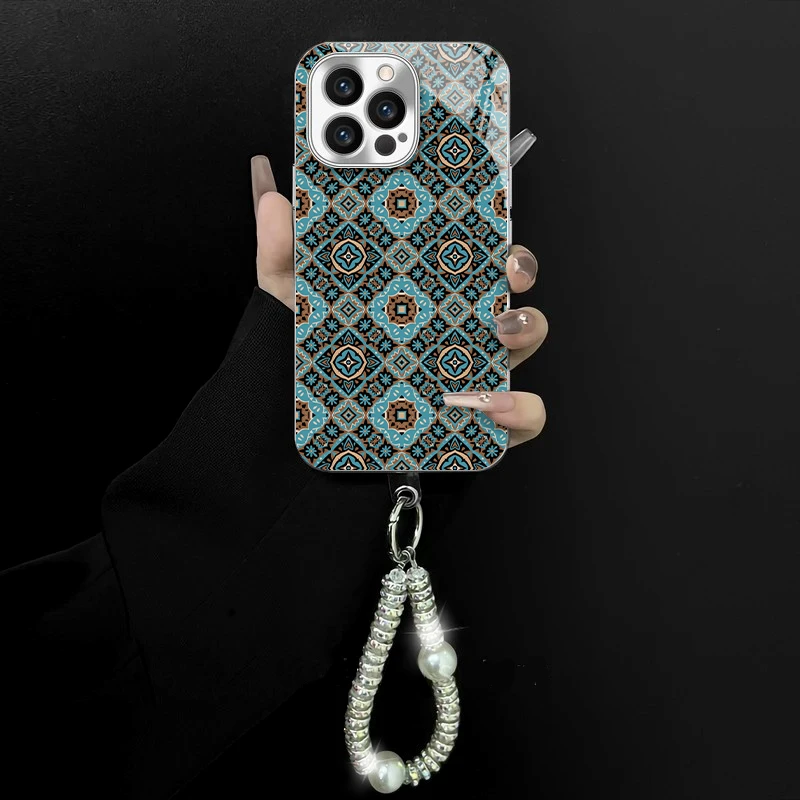 适用于苹果/oppo/华为/vivo/小米图腾花蓝电镀玻璃手链防摔手机壳