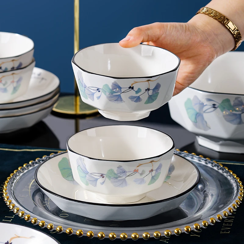 银杏叶6英寸面碗4只家用网红陶瓷创意米饭碗