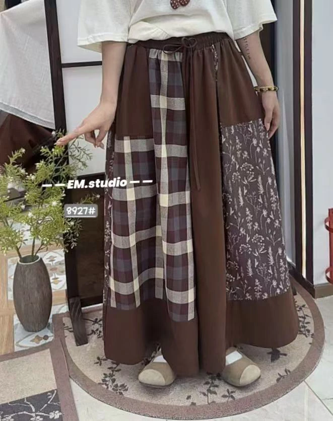 EM#8927#日系复古拼色阔腿裤