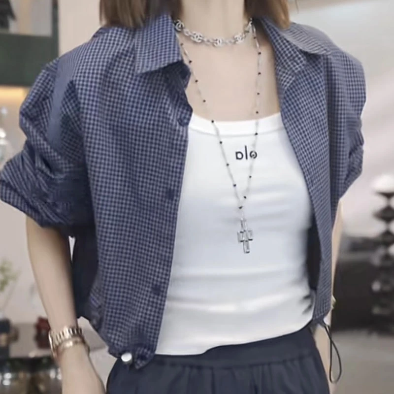 【褐铁矿染】2025早秋时尚潮流宽松休闲格纹经典新款上衣