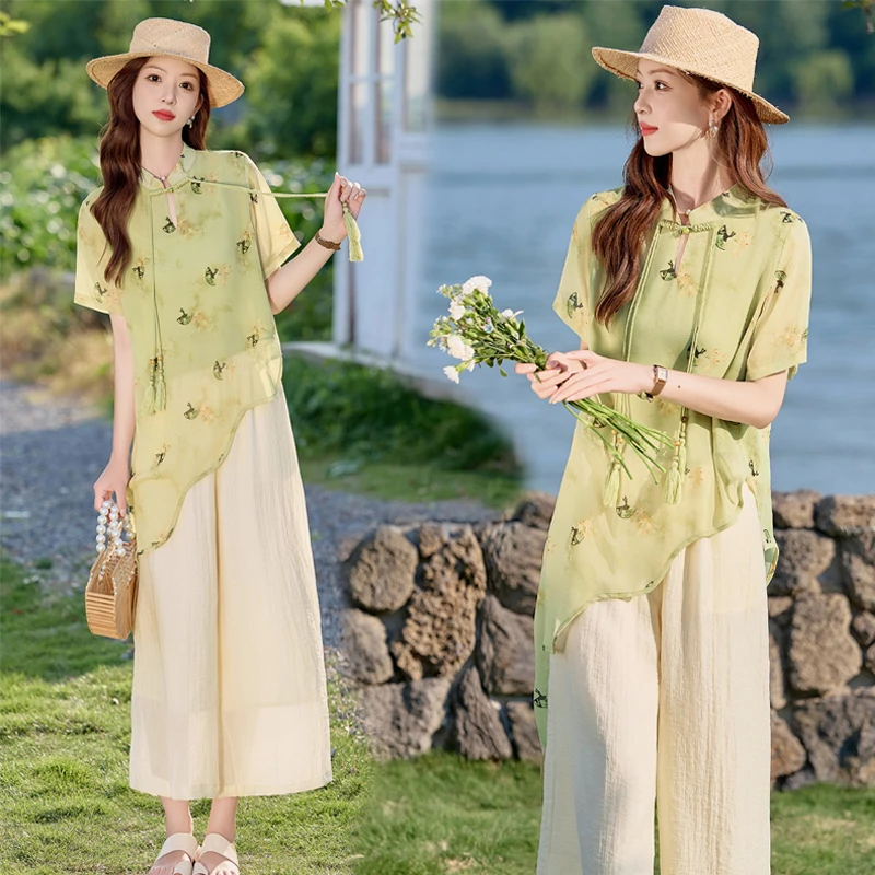 新中式国风印花套装女2025夏季新款不规则波浪边上衣阔腿裤两件套