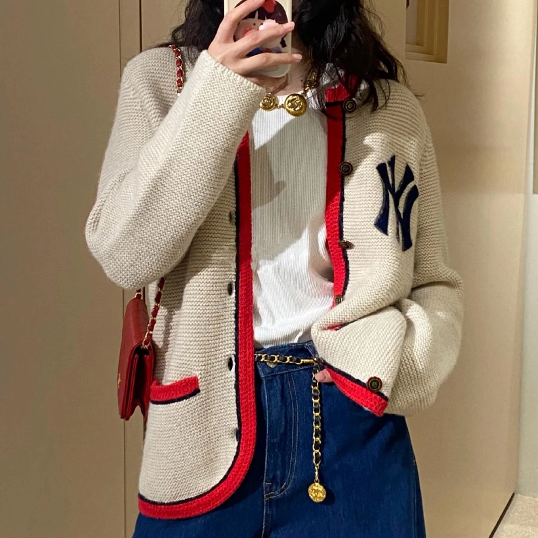 未使用 GUCCI/古驰 MLB 串珠羊驼毛针织开衫外套 S码D10412