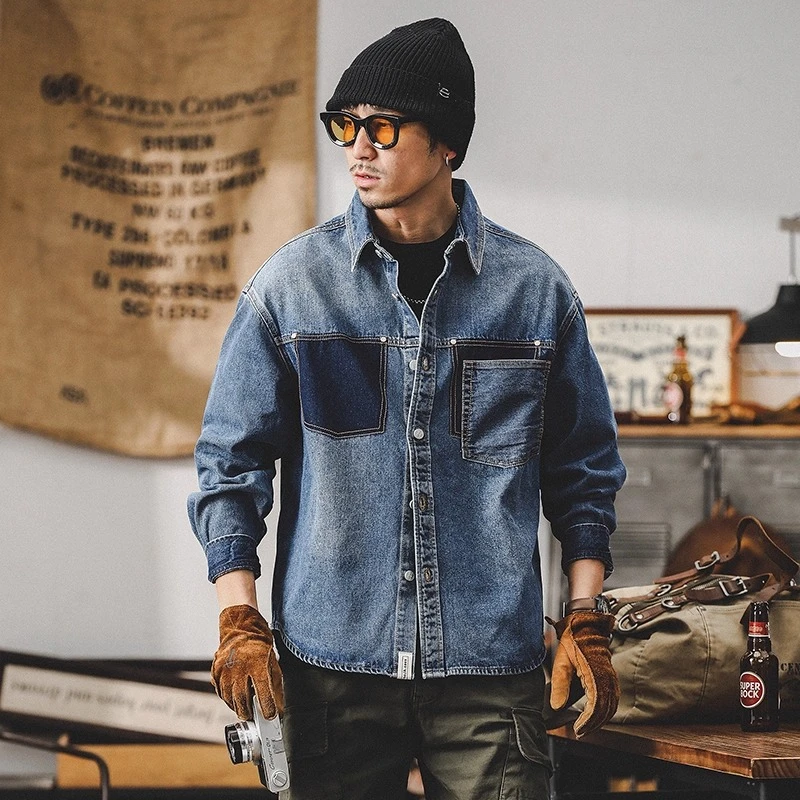 高端新款牛仔外套男士春秋潮牌高级感痞帅工装夹克设计款长袖衬衫