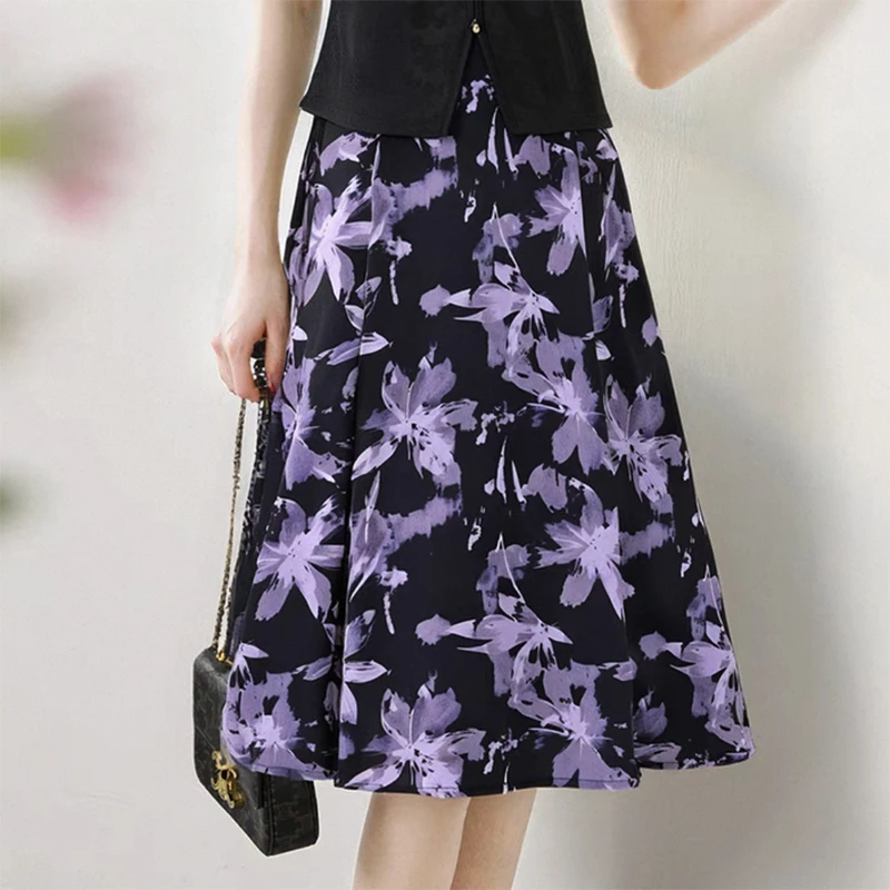 松紧腰印花半身裙女夏季新款显瘦a字裙中长款百褶伞裙子紫罗兰色