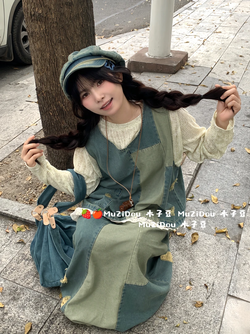 008木子豆复古做旧宽松通勤牛仔套装