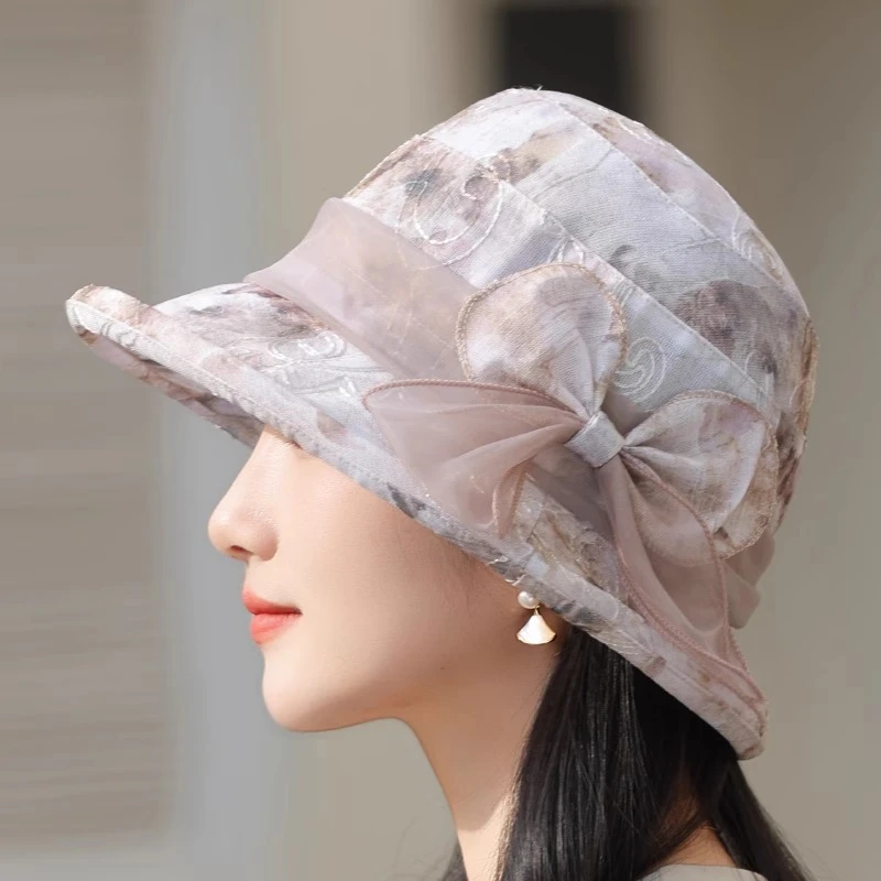 欧根女卷边遮阳帽春夏天妈妈防晒盆帽春秋季奶奶布帽中老年人礼帽