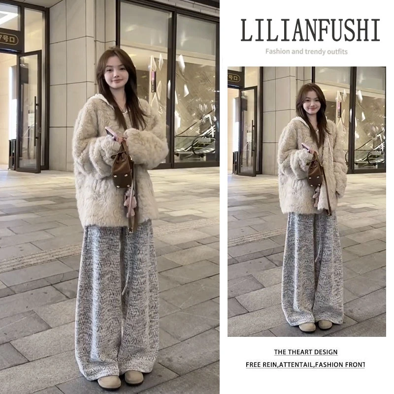 秋冬搭一整套2025新款韩版时尚宽松长袖外套显瘦阔腿休闲裤两件套
