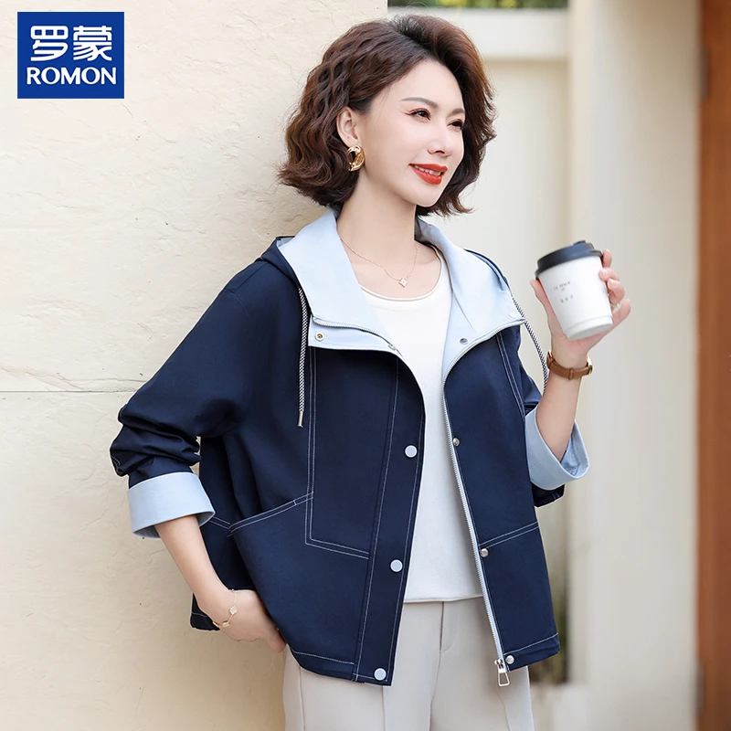 罗蒙时尚妈妈装秋季休闲上衣新款中老年女装气质秋季短款连帽外套