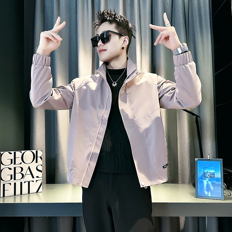 皮粉色外套男春秋2025新款爆款潮牌痞帅立领夹克百搭时尚男生衣服