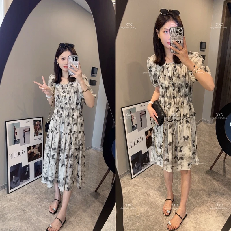 【如歌】法式时尚碎花女装连衣裙夏季长款减龄泡泡袖收腰长裙3081