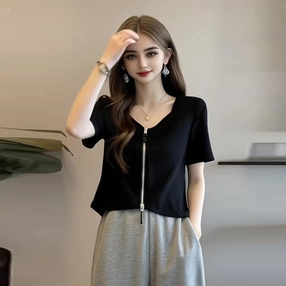 黑色双拉链正肩短袖T恤女夏季辣妹风设计感小众宽松显瘦短款上衣