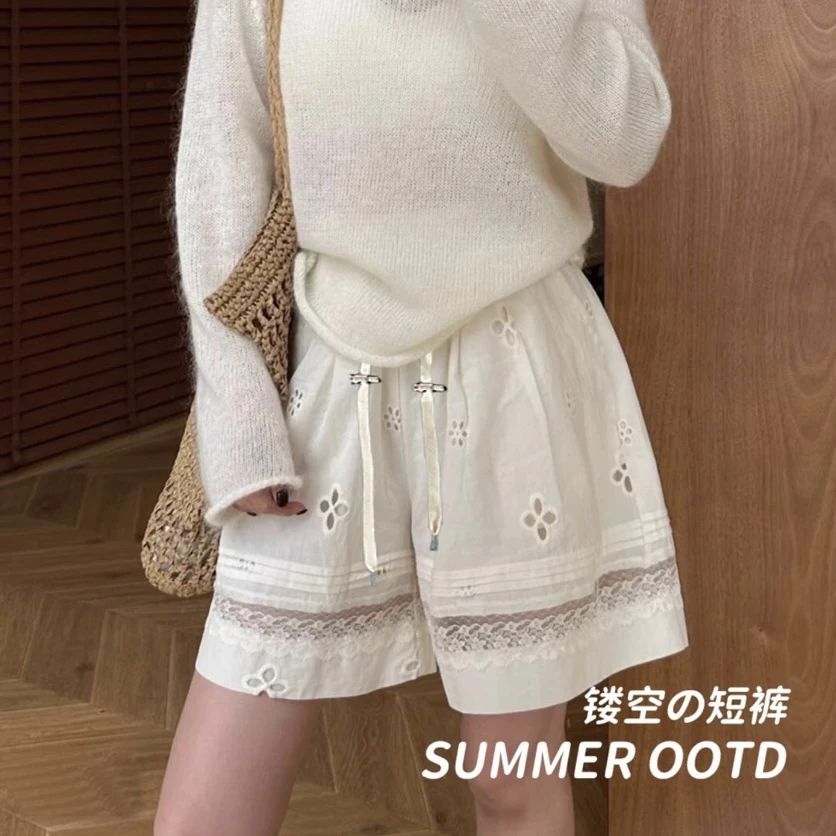 孕妇短裤抽绳款刺绣钩花镂空休闲裤女蕾丝拼接阔腿裤春夏款