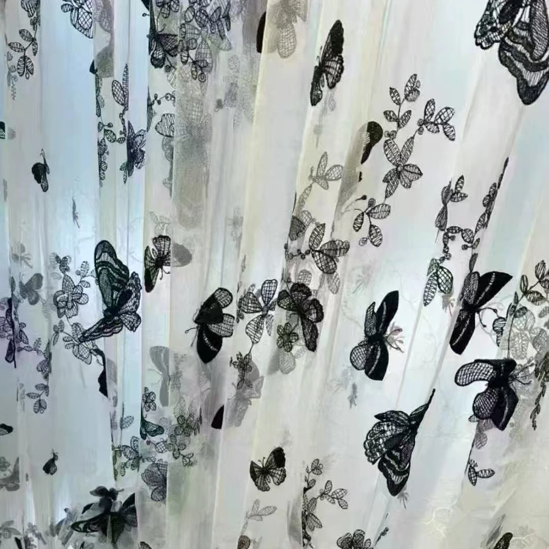 爆款黑色平绣蝴蝶刺绣白色网纱轻奢风高端窗帘侧边纱帘