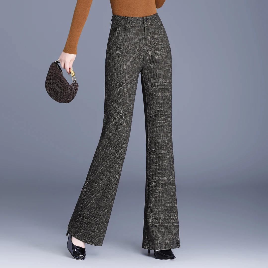 哥弟阿玛施正品女裤2025春秋季新款高腰显瘦时尚休闲格纹微喇裤子