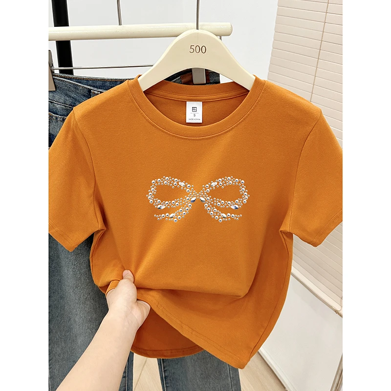 新款夏圆领正肩短袖t恤大码女装潮流时尚蝴蝶结印花显瘦半袖上衣