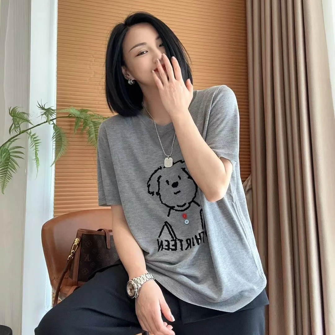 春季彩扣小狗莱赛尔休闲针织短袖T恤5-4-6