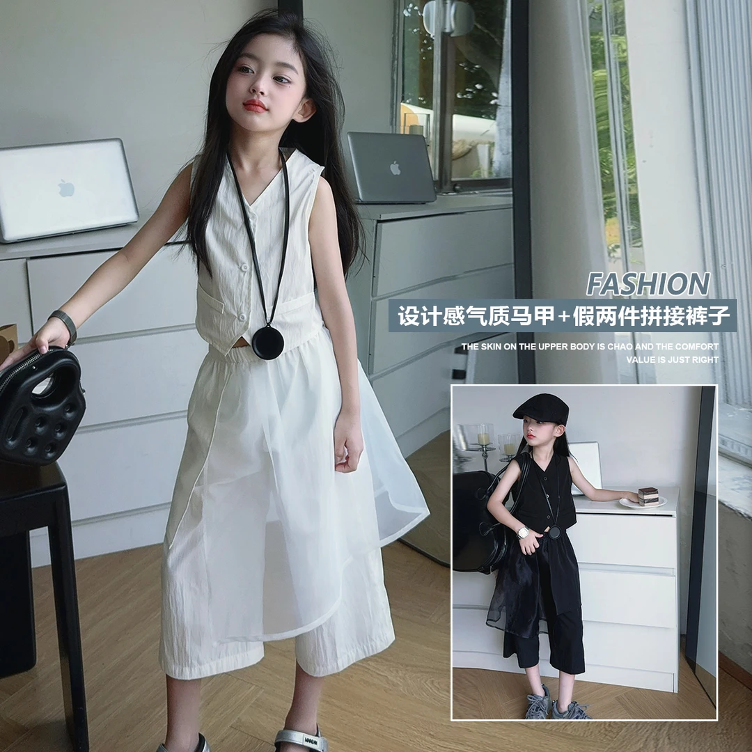 夏季纯色常规极简风套头女套装无袖连衣裙休闲时尚气质(D11)