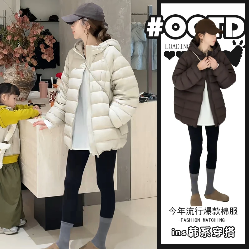 通勤风穿搭宽松连帽棉服外套女冬季2025新款韩版宽松简约加厚棉衣