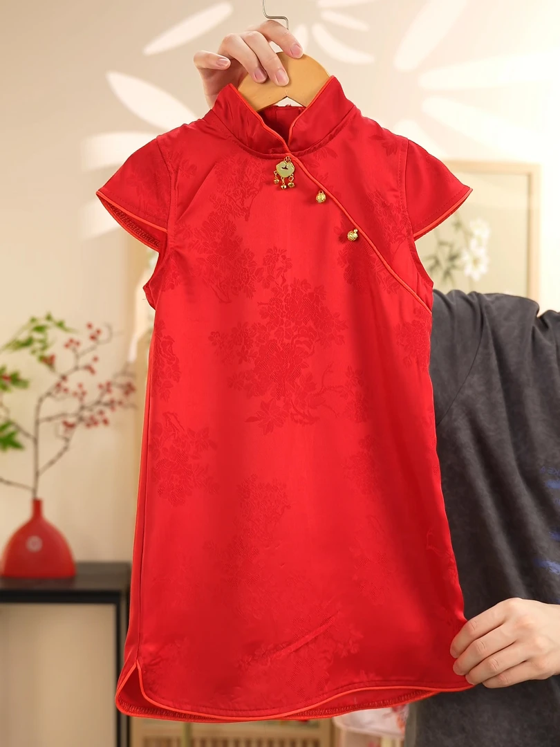 喜庆 夏薄款女童连衣裙儿童新中式裙子红色旗袍送考周岁