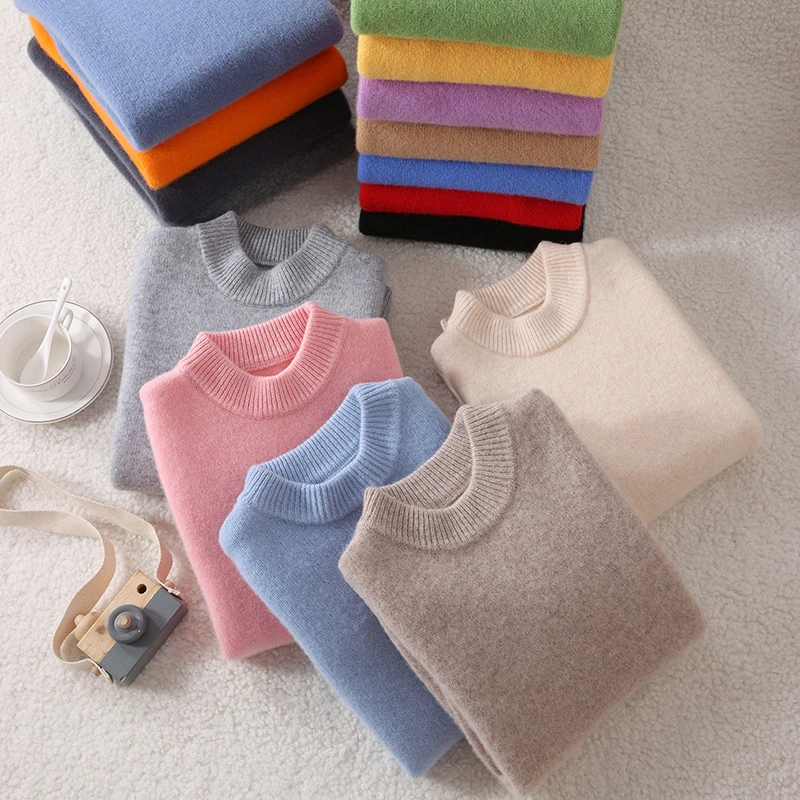 【三股加厚】儿童100%纯羊毛衫男宝女宝半高领套头纯色毛衣大码打底