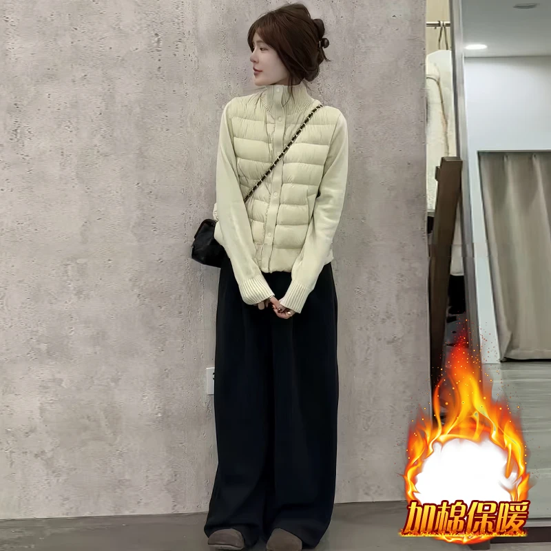 韩系时尚穿搭套装女2025年冬季新款立领拼接排扣棉衣阔腿裤两件套
