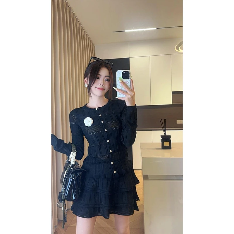 韩系温柔风休闲两件套装女秋季新款长袖针织镂空设计感上衣蛋糕裙