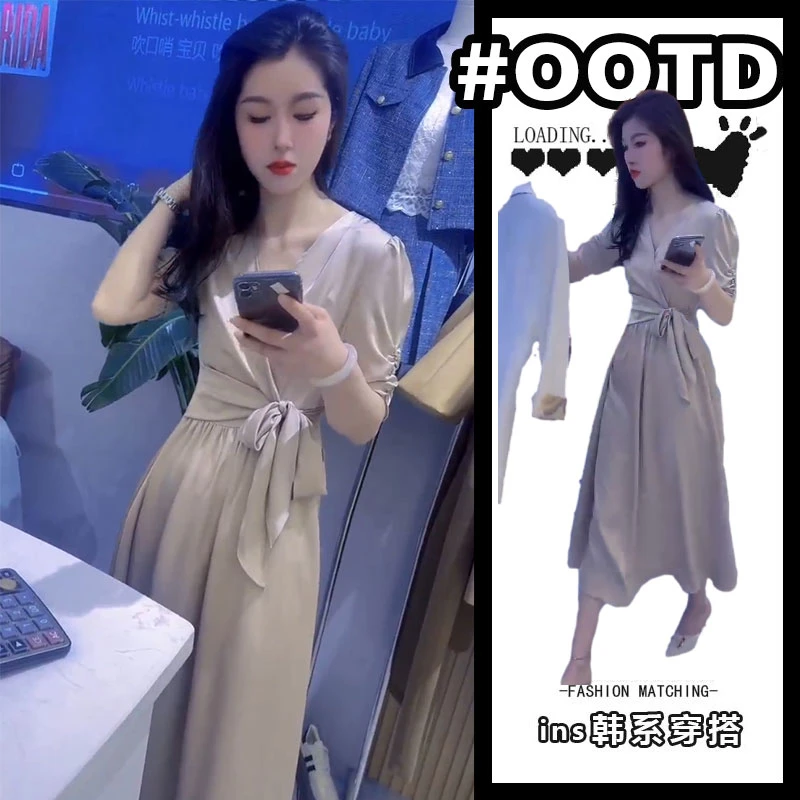2025夏季网红新款时尚连衣裙女法式女人味V领系带收腰显瘦中长裙