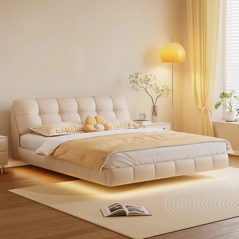 简约奶油风皮艺悬浮床大小户型主卧室皮床家用云朵双人床