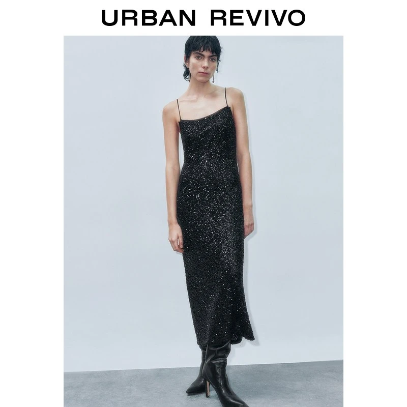 UR2025秋季新款女装气质魅力亮片修身吊带连衣裙UWG750209+