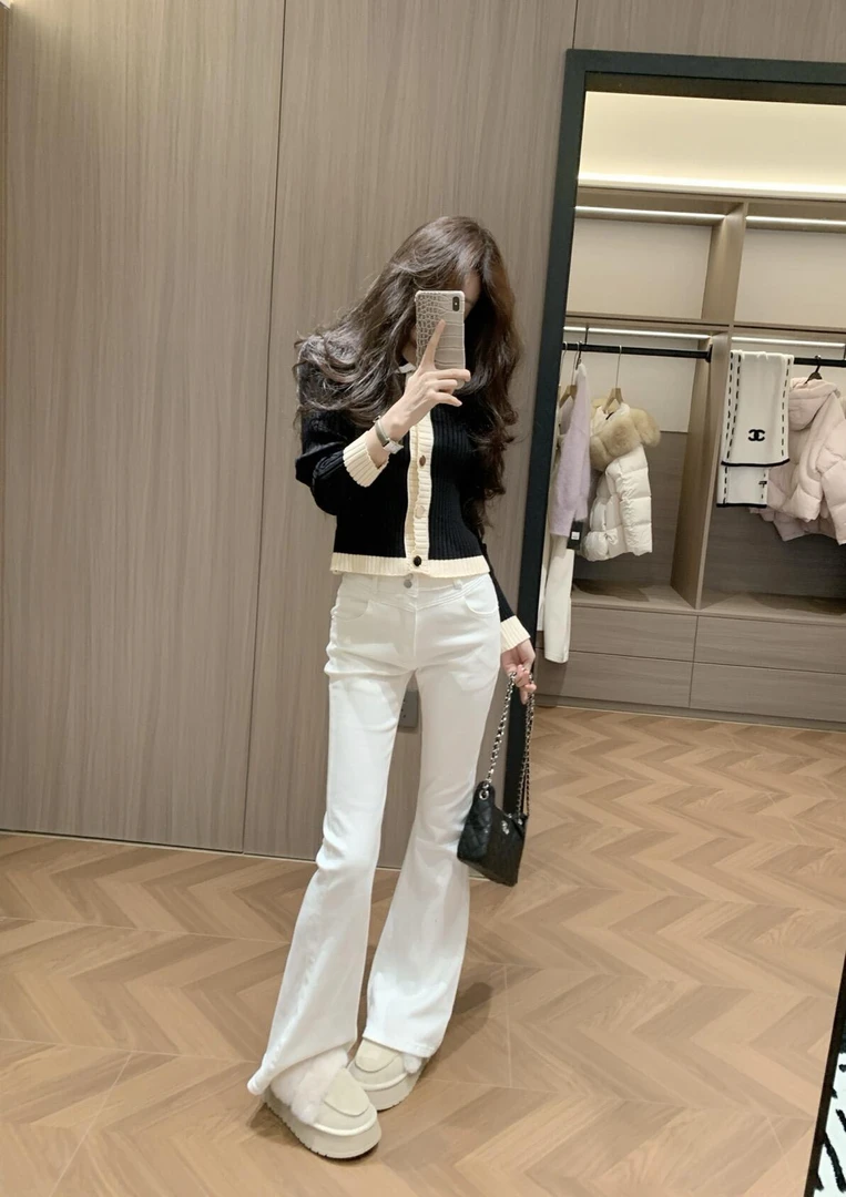 秋季新款法式高级感气质收腰小香风黑色翻领针织开衫修身直筒裤