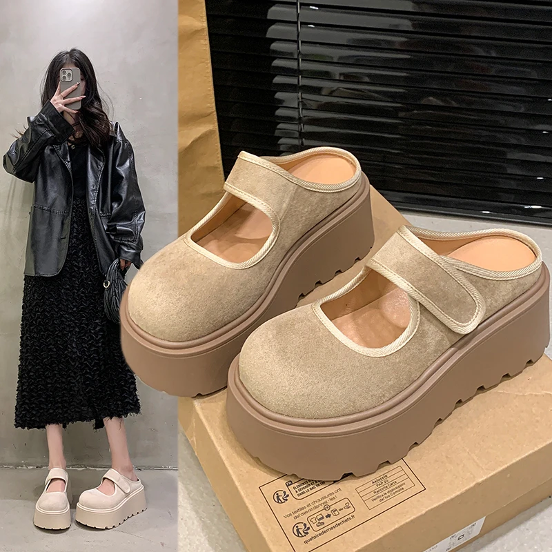 厚底增高魔术贴浅口单鞋女款2025年春季新款时尚百搭舒适包头拖鞋