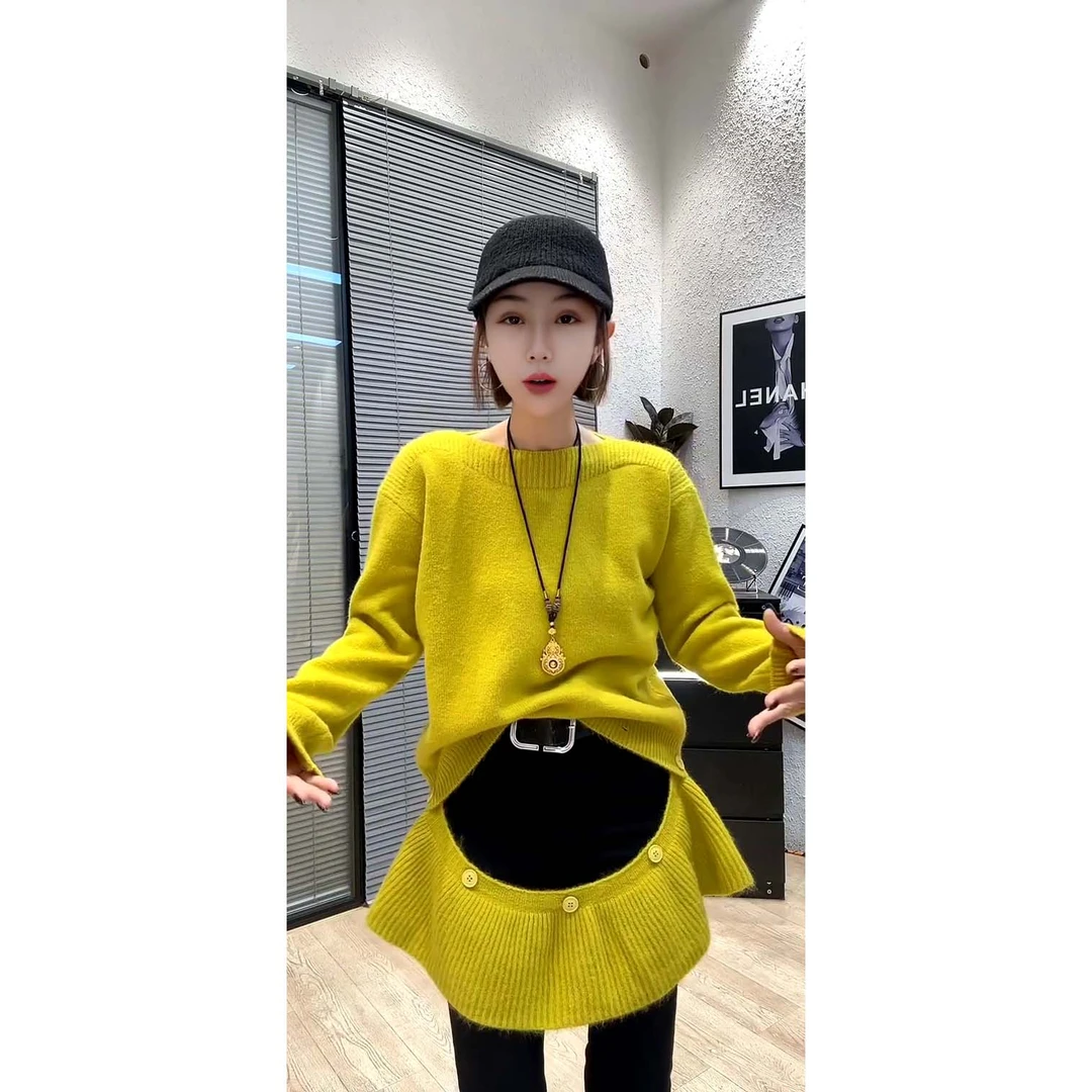 欧货新款宽松慵懒风荷叶边下摆可拆卸长袖毛衣裙