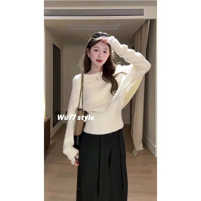 韩系假两件针织衫毛衣女2025秋冬新款气质斗篷打底衫上衣裤子套装