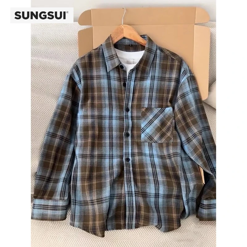 美式复古蓝色格子衬衫男款早春穿搭潮牌长袖衬衣高级感情侣装外套